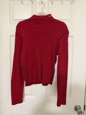 Ralph Lauren Red and Black Striped Mock Neck Long Sleeve Top